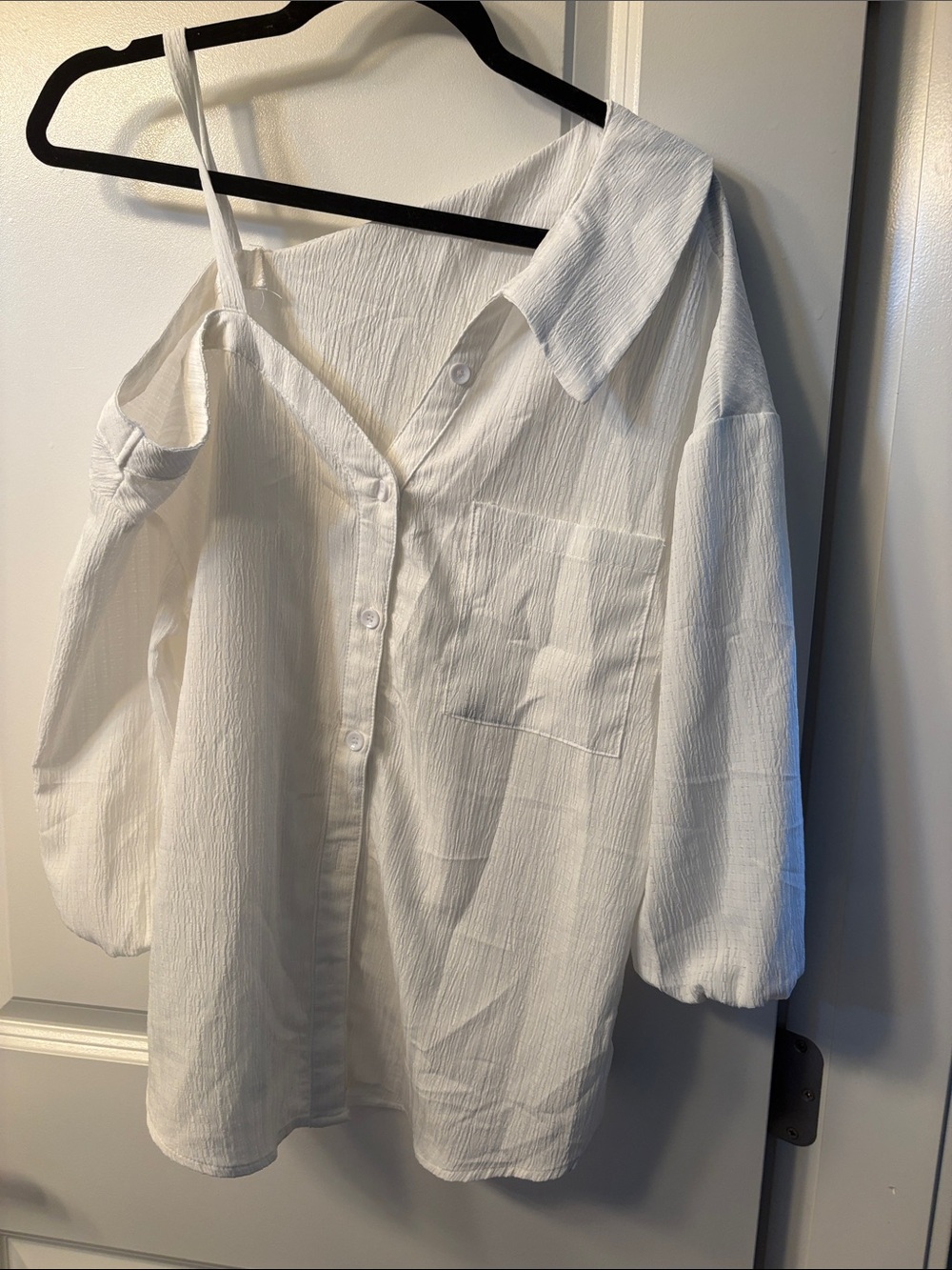 Off The Shoulder White Lightweight Textured Button-Up Blouse